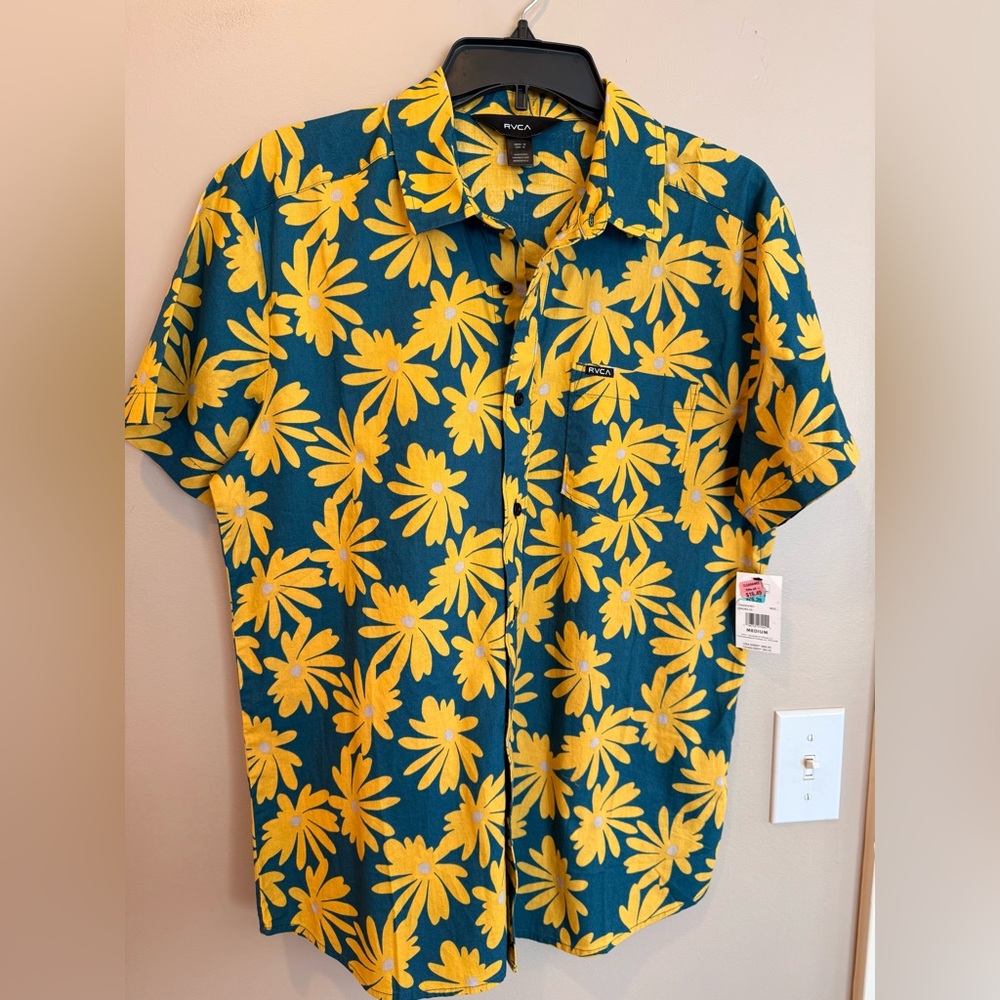 NWT  Men's RVCA Yellow & Teal Floral Button Down Shirt  Size M  $66